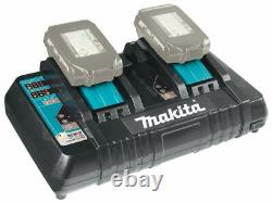 Makita DC18RD 14.4v 18v LXT Li-ion Twin Port Rapid Battery Charger translates to 'Chargeur de batterie rapide à double port Makita DC18RD 14,4 V 18 V LXT Li-ion' in French.